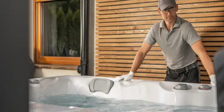 man standing beside a hot tub